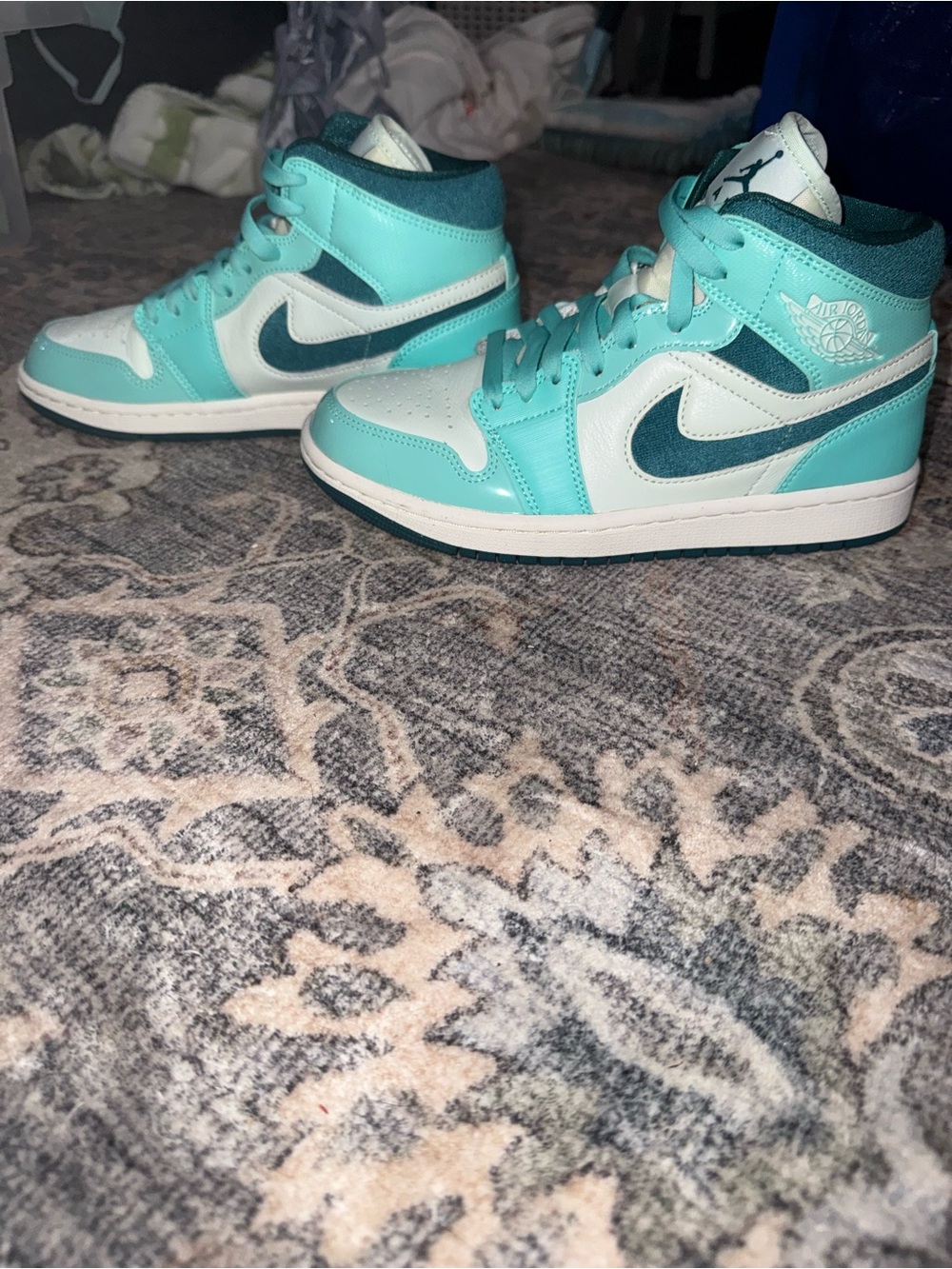 Jordan Women’s High-Top Sneakers in White and Teal - Picture 2 of 5